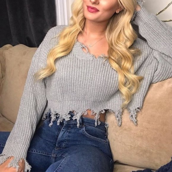 Zaful Sweaters - ZAFUL Loose Ripped V Neck Cropped Sweater